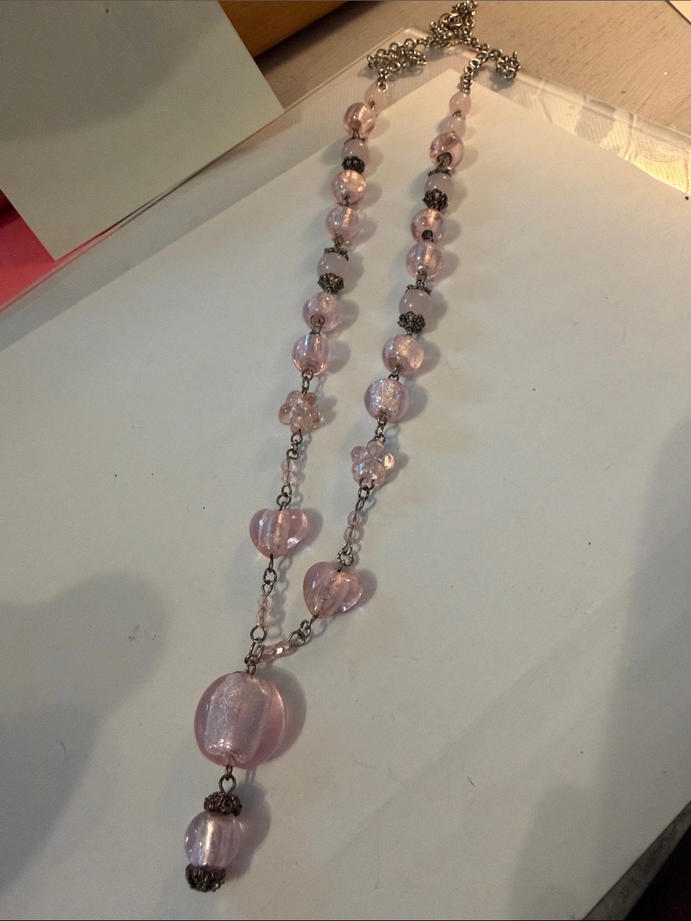 Vintage Delicate Pink Beaded Necklace with Heart Accents